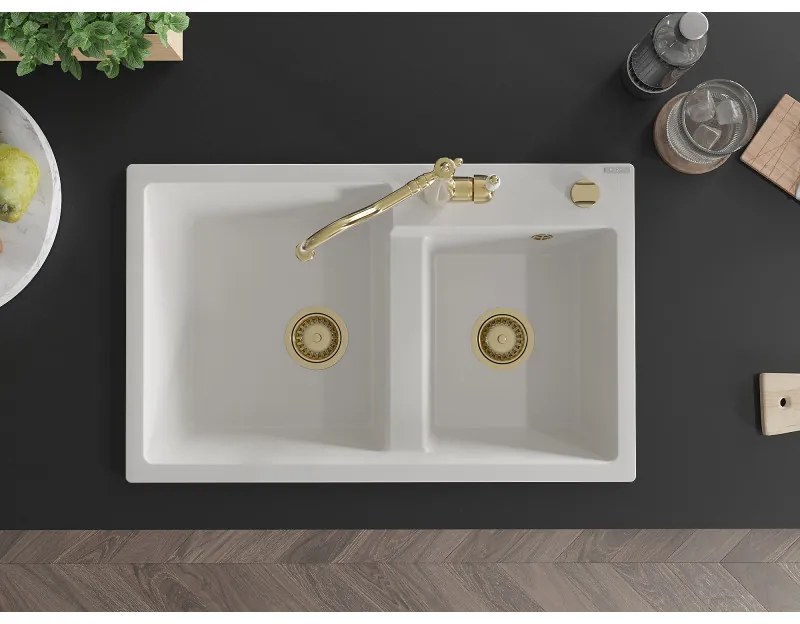 Mexen Tomas, granitový drez 800x500x190 mm, 2-komorový a drezová batéria Carla, biela, 6516-20-670700-50