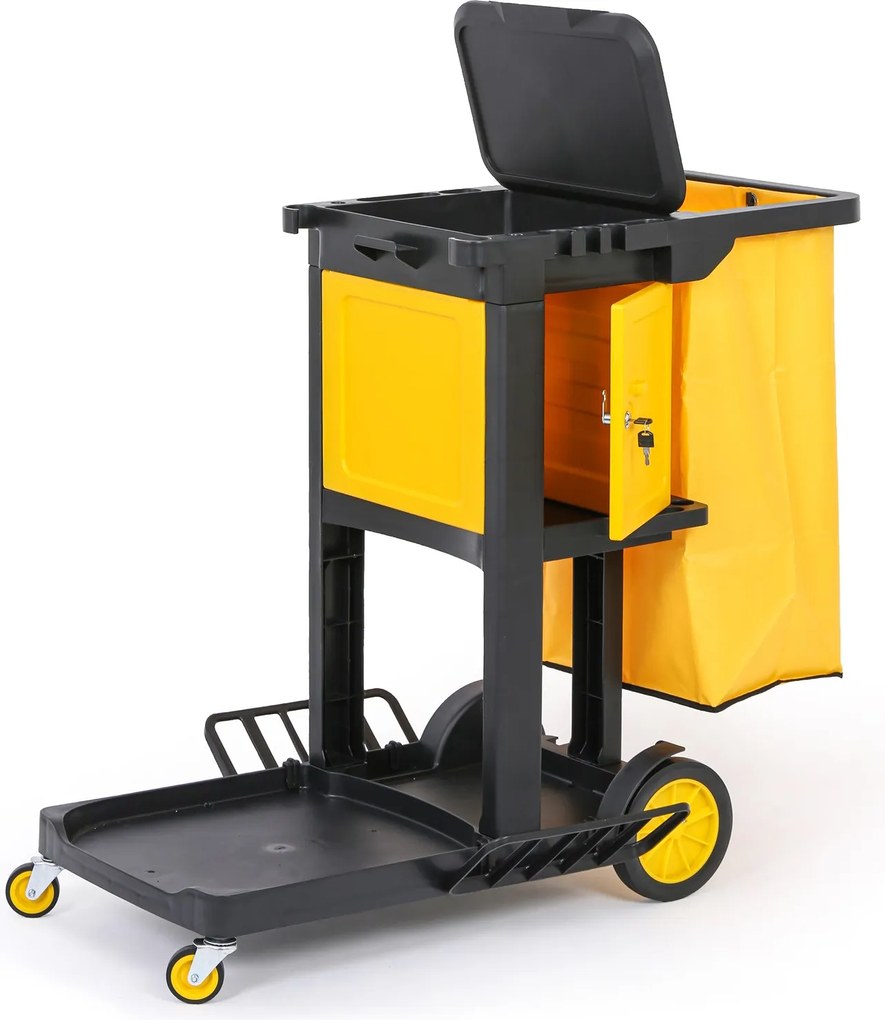 Profesionálny upratovací vozík s držiakmi mopov, skrinkou a vrecom s vekom, 1120 × 710 × 990 mm