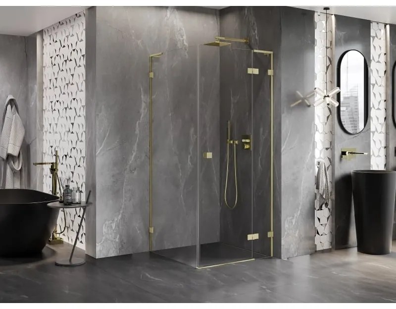 Mexen Lunar, L výklopný sprchový kút pravý 90 x 90 cm, 8mm číre sklo, zlatý kartáčovaný - 834L-090-090-55-00-P