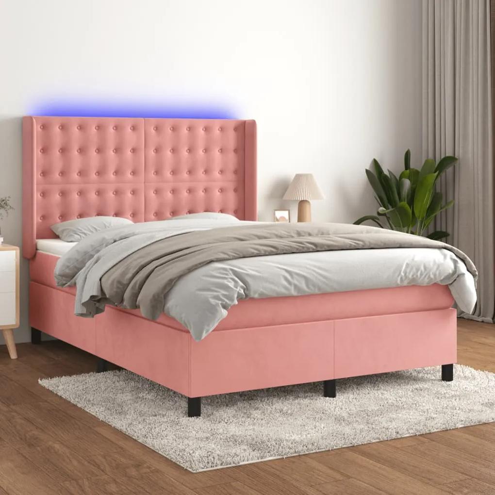Posteľný rám boxsping s matracom a LED ružový 140x200 cm zamat 3139810