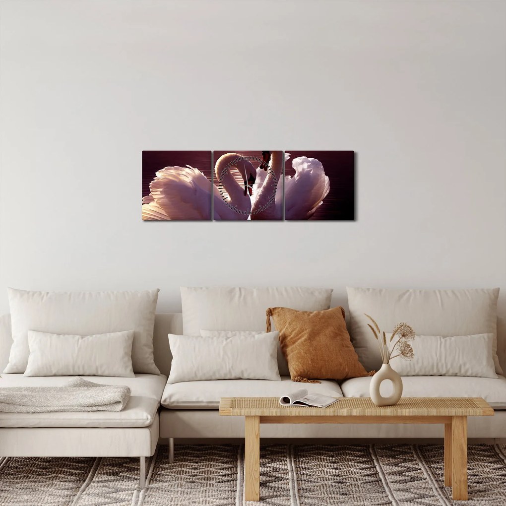 Obraz - Labute na jazere (s hodinami) (90x30 cm)