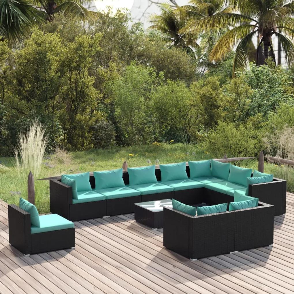 10-dielna záhradná sedacia súprava s vankúšmi polyratan čierna