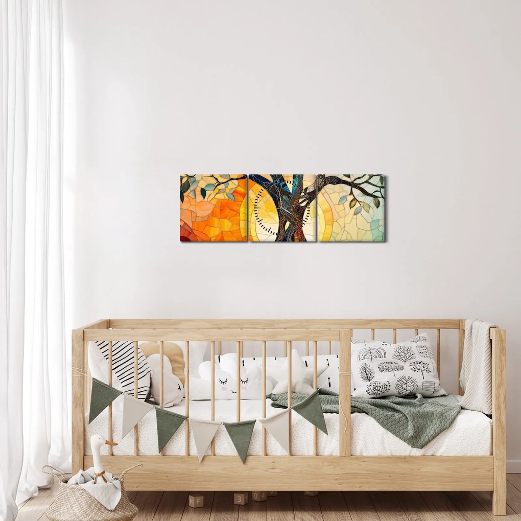 Obraz – Mozaika – slnko a strom I. (s hodinami) (90x30 cm)