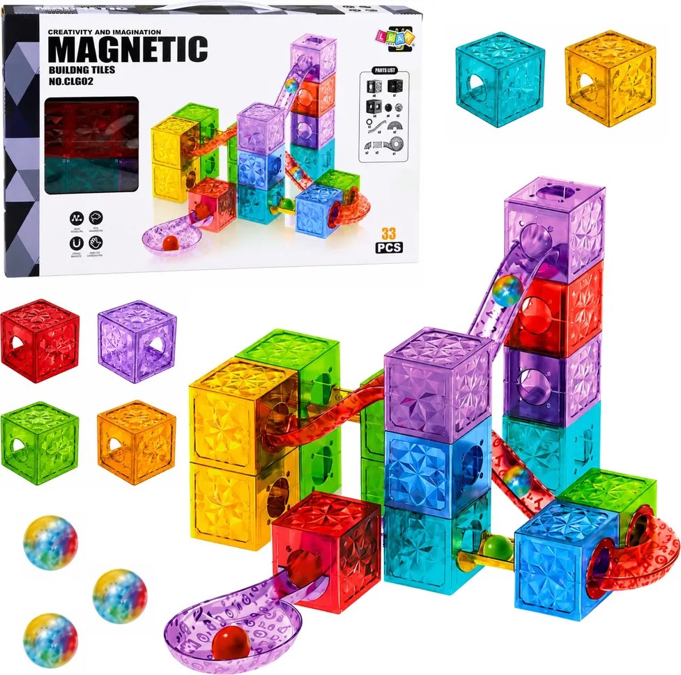 LEAN Toys Magnetické stavebné kocky – kocky, guľôčková dráha, farebné, 33 ks.