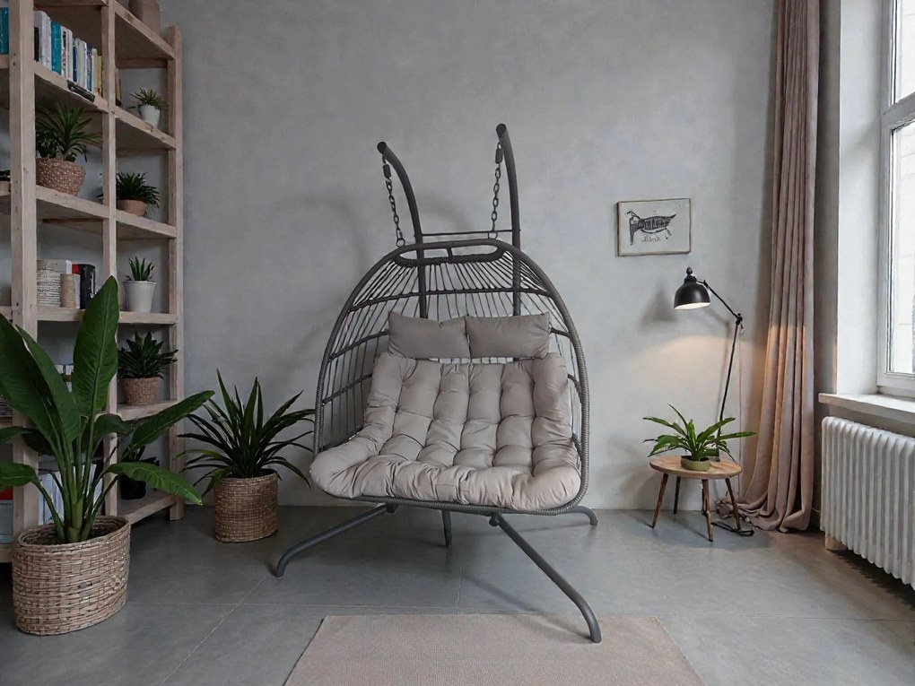 Závesné hojdacie dvojkreslo CUBA  sivé - sivé vankúše