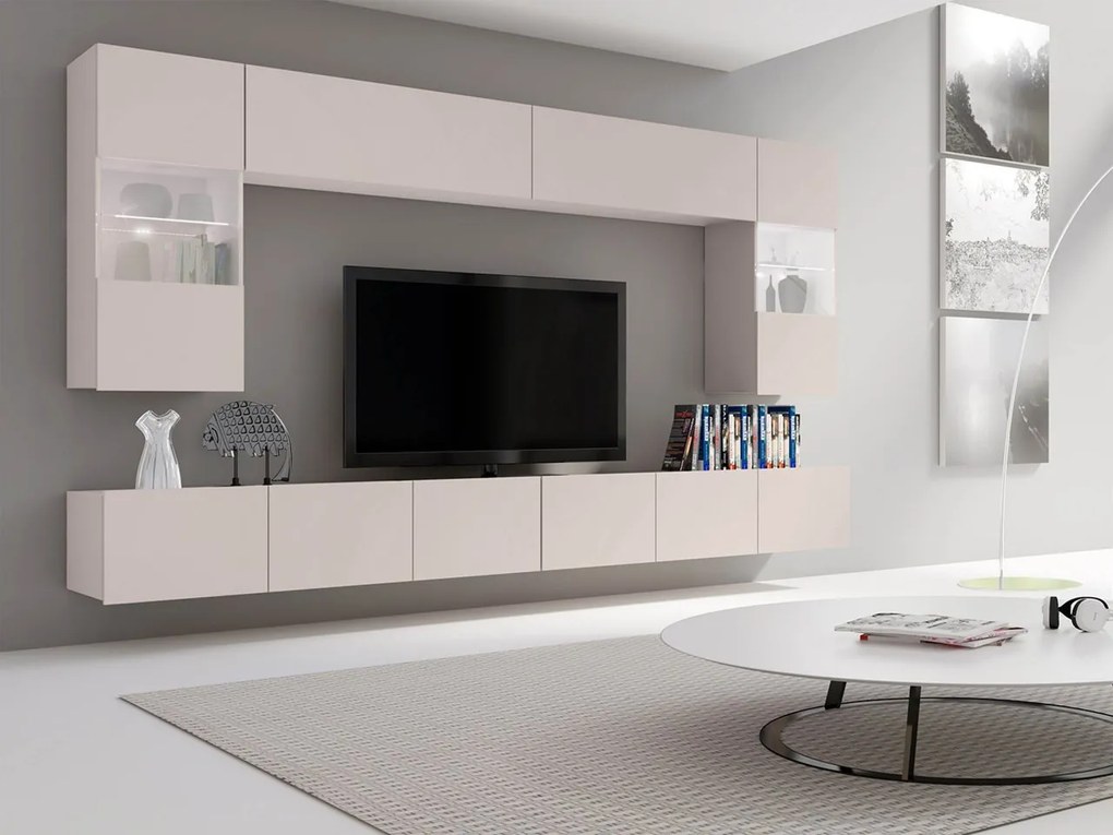 Obývacia stena Bralani I, Farby: biela / biely lesk, Osvetlenie: osvetlenie LED modré