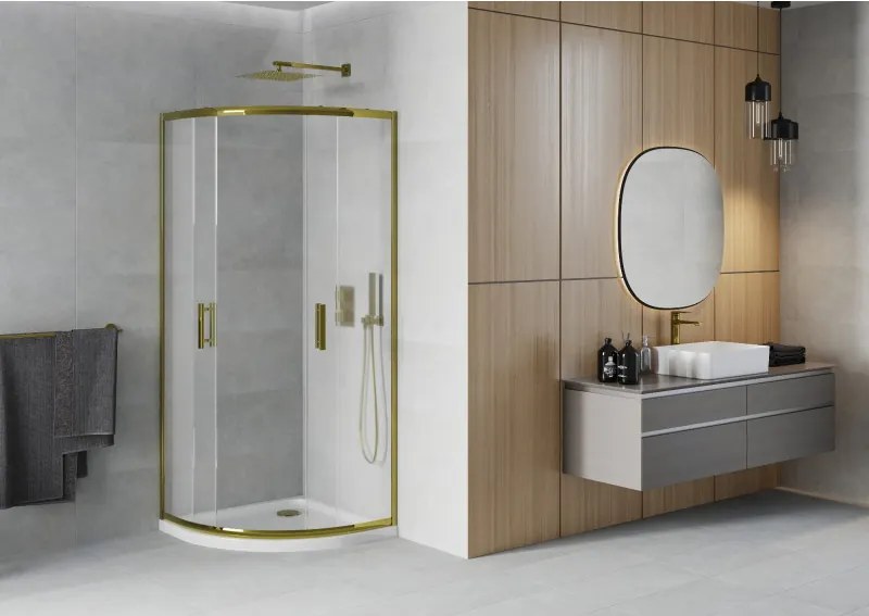 Mexen Rio, štvrťkruhový sprchovací kút s posuvnými dverami 90(dvere) x 90(dvere) x 190 cm, 6mm sklo námraza, zlatý profil + biela sprchová vanička SLIM, 863-090-090-50-30-4110G