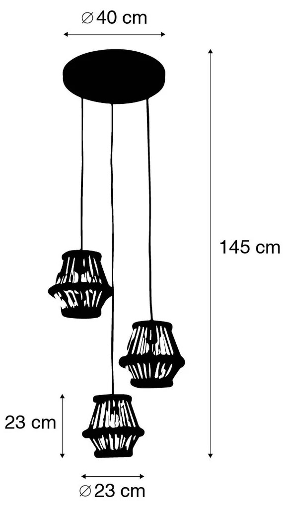 Orientálne závesné svietidlo bambus s čiernym okrúhlym 3-svetlom - Evalin