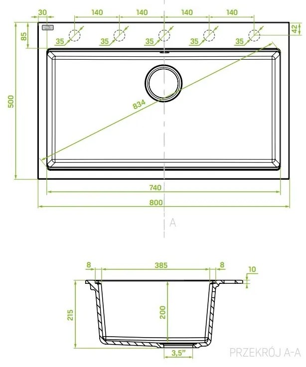 Laveo Tau, 1-komorový granitový drez 800x500x215 mm, čierna, LAV-SBT_B108