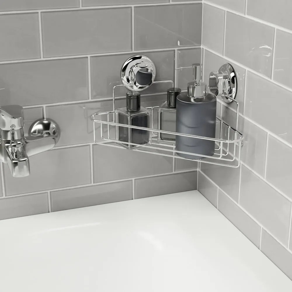 Rohová samodržiaca kovová kúpeľňová polička v striebornej farbe Bestlock Bath – Compactor