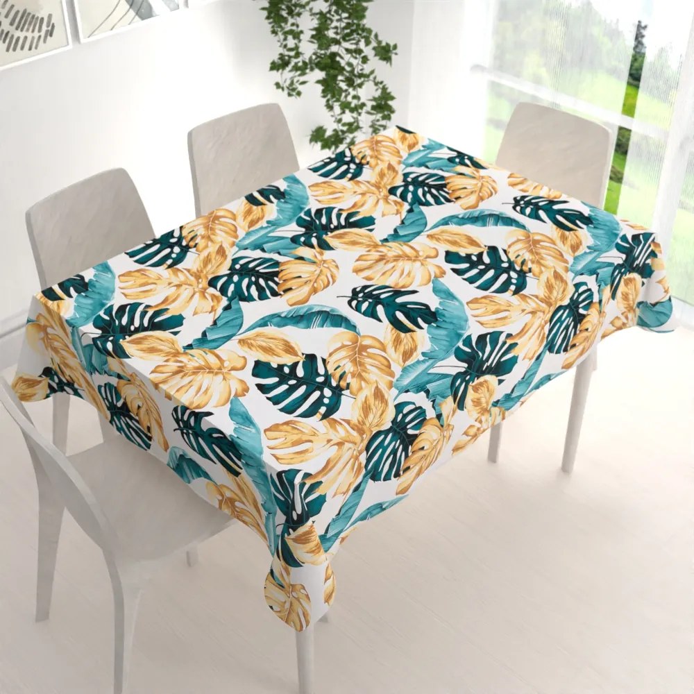 Biante Bavlnený obdĺžnikový obrus Sandra SA-500 Modrozelené a zlaté tropické listy 80x120 cm