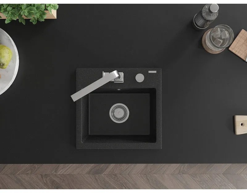 Mexen Milo, 1-komorový granitový drez 435x410x171 mm a chrómová batéria Rita, čierna-strieborná metalíza, 6505-73-670300-00