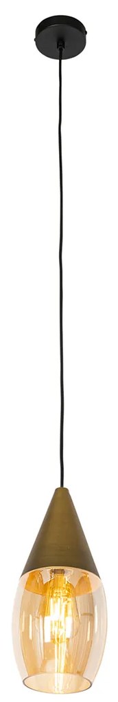 Moderné závesné svietidlo zlaté s jantárovým sklom - Drop