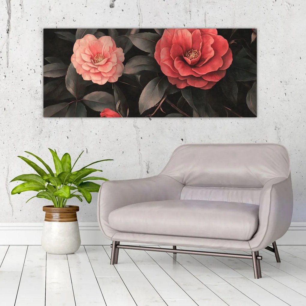 Obraz - Červené kvety na tmavom pozadí (120x50 cm)