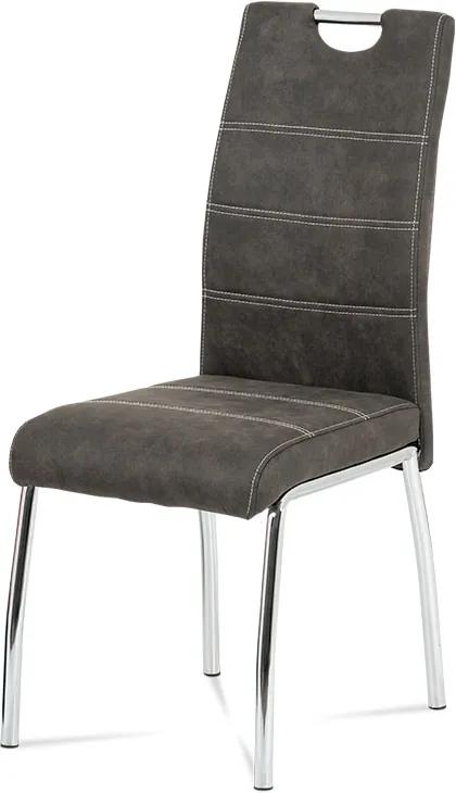 Jedálenská stolička, poťah sivá látka COWBOY v dekore vintage kože, biele prešitie, kovová štvornohá chrómovaná podnož