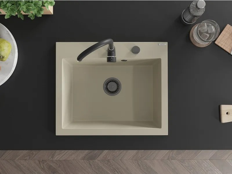 Mexen Elix, 1-korový granitový drez 600 x 500 mm, béžová, čierny sifón, 6525601005-69-B
