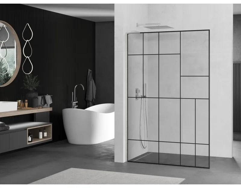 Mexen Kioto L, sprchová zástena Walk-In 100 x 200 cm, 8mm číre sklo čierny vzor, brúsená oceľ profil, 800-100-103-97-78