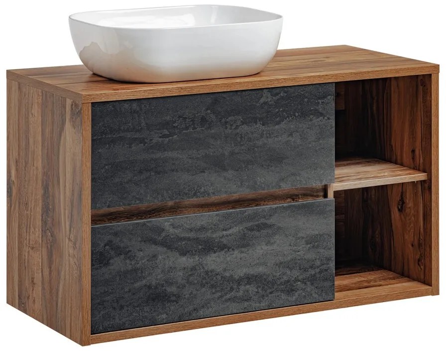 Závesná skrinka Hampton Concrete s doskou a umývadlom 100 cm tmavý betón/dub hunton