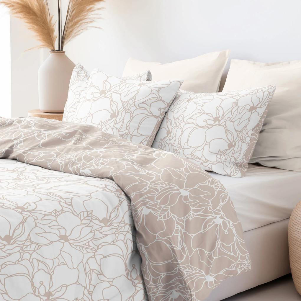Goldea bavlnené posteľné obliečky - biele kvety na svetle béžovom 140 x 220 a 70 x 90 cm