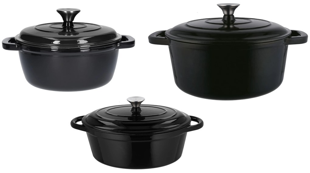 Silvercrest® Liatinový hrniec, 2,8 l, čierny + Liatinový hrniec, 5,6 l, čierny + Liatinový pekáč, 4,8 l, čierny (800011484)