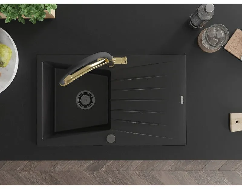 Mexen Cesar, 1-komorový granitový drez 775x470x190 mm a drezová batéria Duo, čierna, 6514-77-671701-57-B