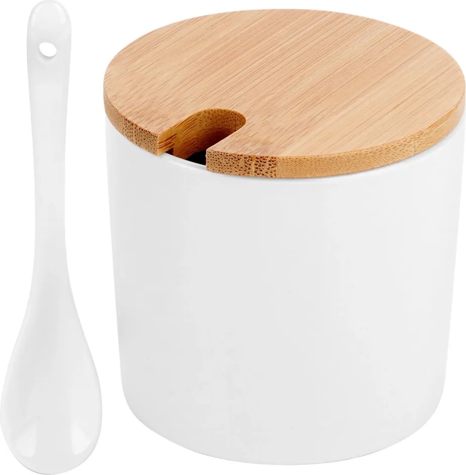 VILDE Guľatá keramická cukornička s bambusovým viečkom a lyžičkou, 250ML biela