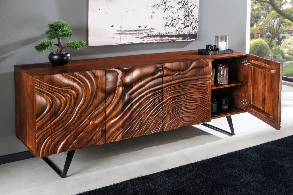 Komoda FLUID 175 cm 3D akáciové drevo orech hnedá