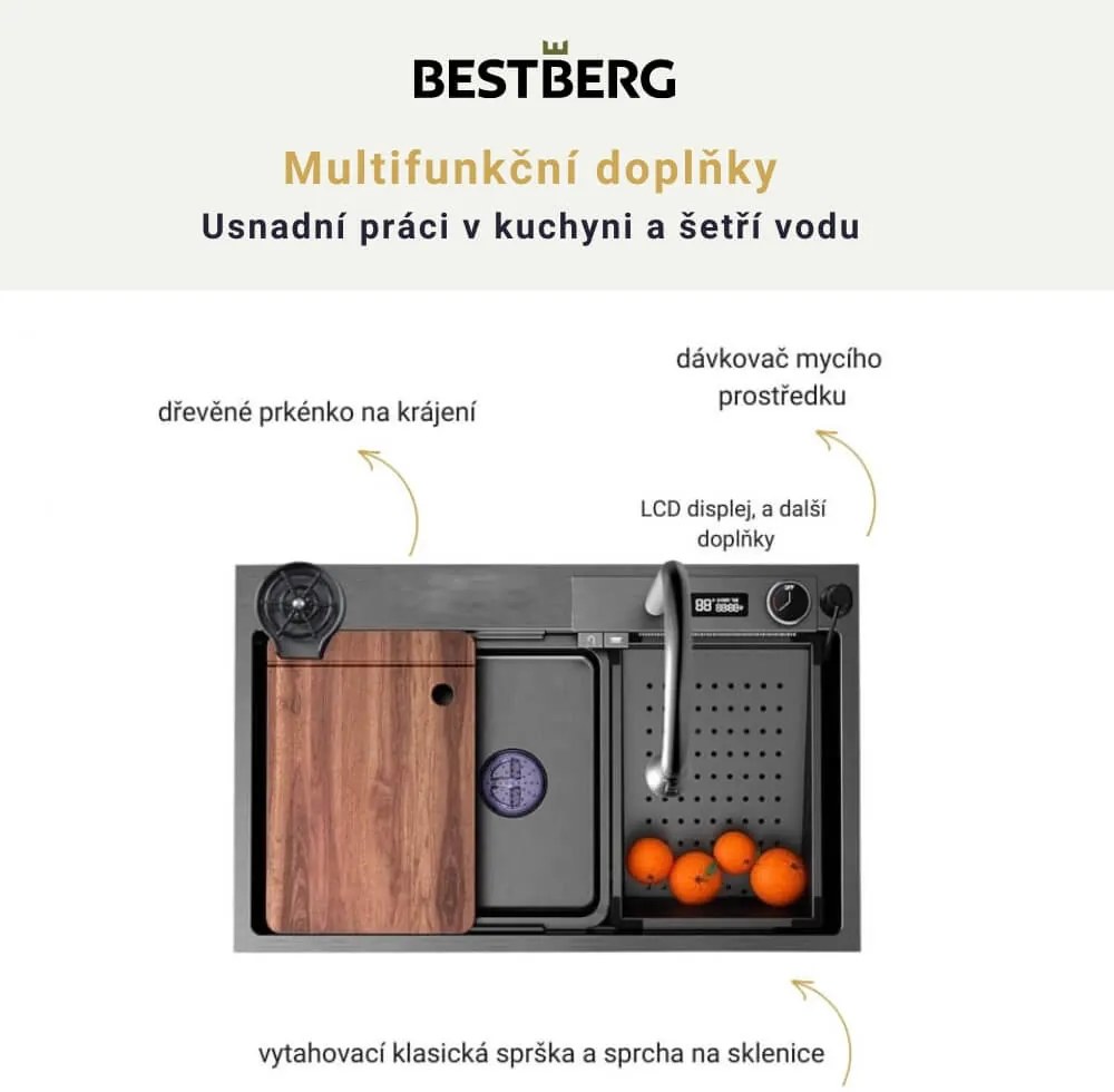 Multifunkčný inteligentný drez BestBerg BBSS-10S / 75 x 45 x 22 cm / nerezová oceľ / strieborná