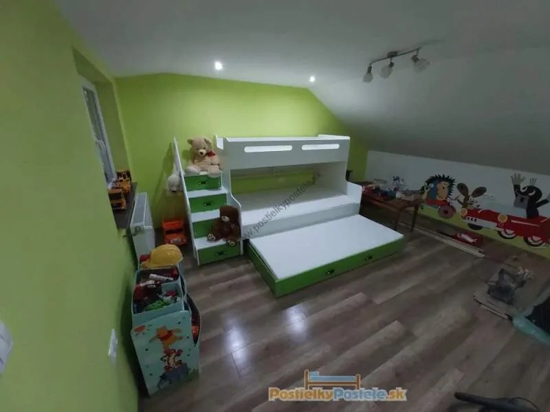 Poschodová posteľ s prístelkou MAX 3 rozšírená 200x120 biela - zelená