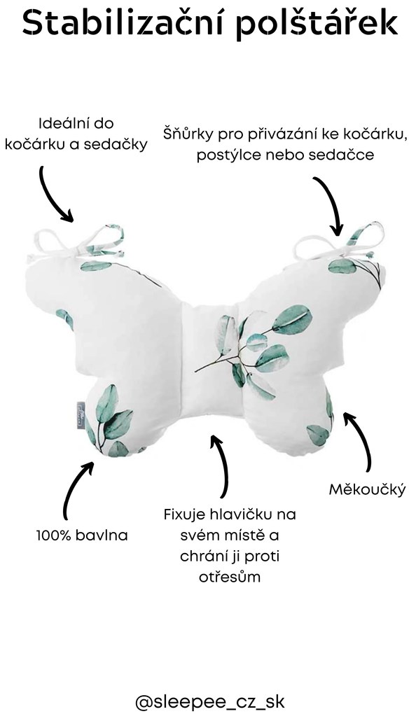 Dojčenský stabilizačný vankúšik EUKALYPTUS v tvare motýlika