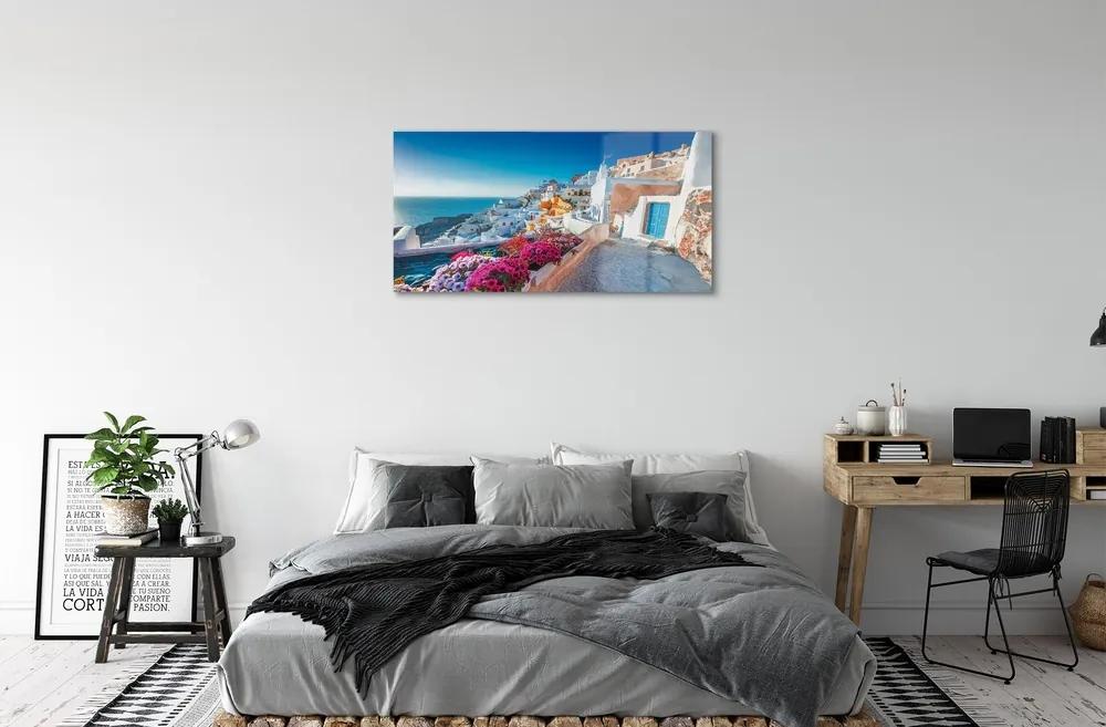 Sklenený obraz Budovy Grécko morské kvety 120x60 cm
