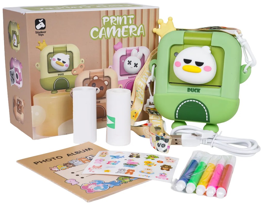 Detský fotoaparát s tlačiarňou – Medveď alebo Kačka + fixky a nálepky Tvar: Medvedík