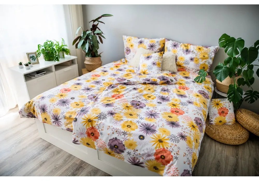 Žlto-biele bavlnené obliečky na jednolôžko 140x200 cm LP Dita Daisy - Cotton House