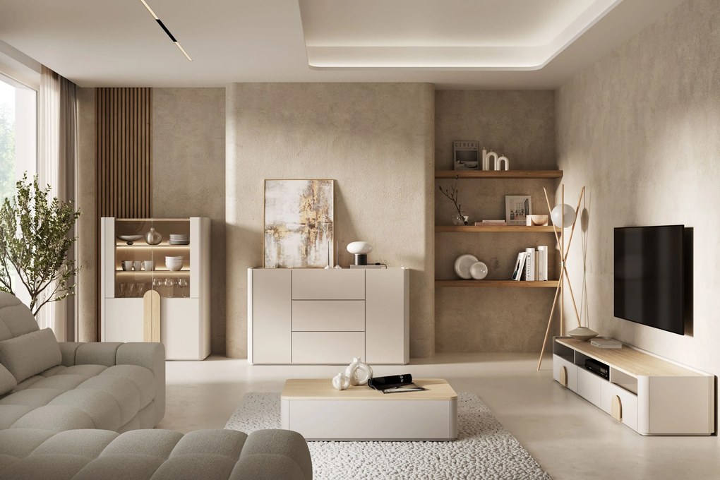 Vitrína Amilio 100 cm dvojdverová - kašmír / olejovaný dub / úchyty svetlý dub