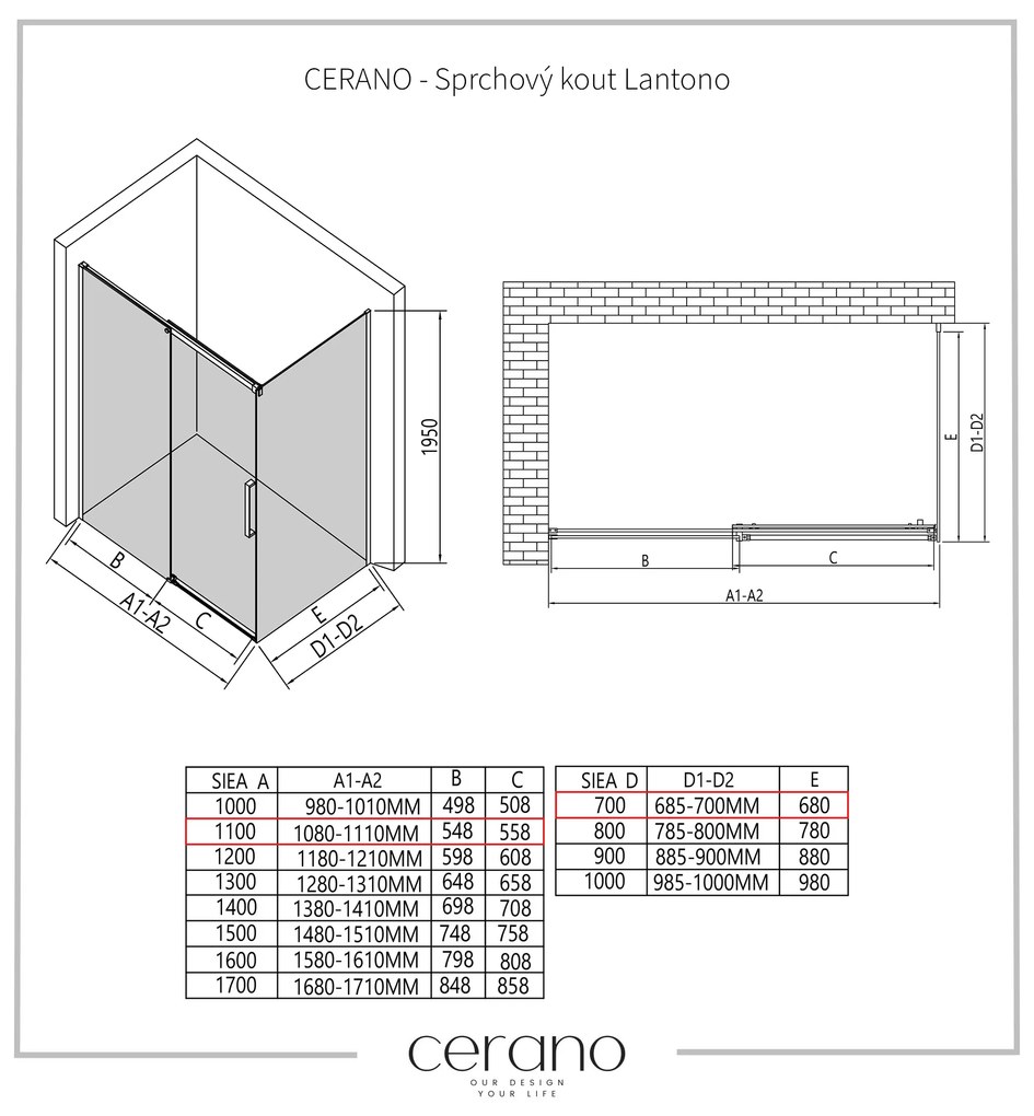 CERANO - Sprchovací kút Lantono L/P - 8 mm - čierna matná, grafitové sklo - 110x70 cm - posuvný, CER-CER-8050BD7515