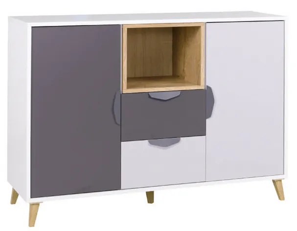 Komoda Juna 8 (biela + grafit + sivá + dub lefkas). Akcia -20%. Vlastná spoľahlivá doprava až k Vám domov. 1087404