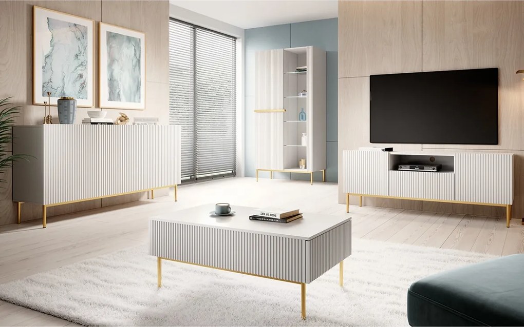 Komoda Nicole 150 cm trojdverová - biely mat / zlaté nožičky