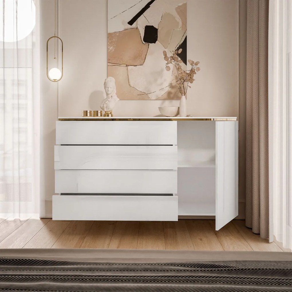 ZÁVESNÁ KOMODA NESSIE SO ŠUPLÍKMI BIELY LESK + ZLATÁ 140 cm