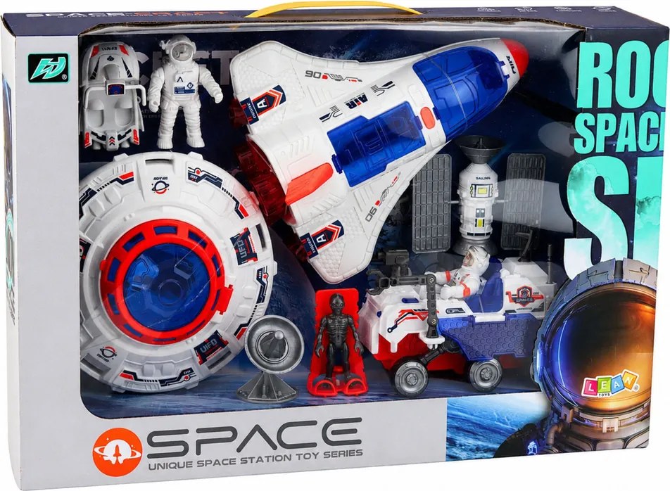 LEAN Toys Sada Vesmírne UFO, raketoplán, výskumné vozidlo, satelit, astronauti