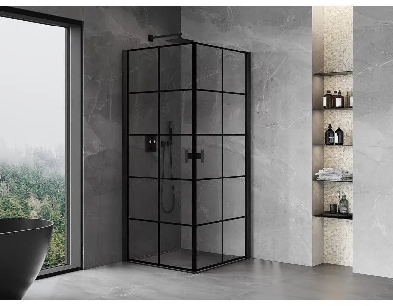 Mexen Mist-B Duo, 2-krídlový výklopný sprchový kút 90 x 90 cm, číre sklo-čierna mriežka, 8A2-090L-090P-70-77