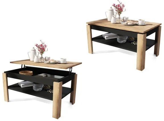 Rozkladací konferenčný stolík so zdvíhacou doskou a policou ADEN dub craft/čierna