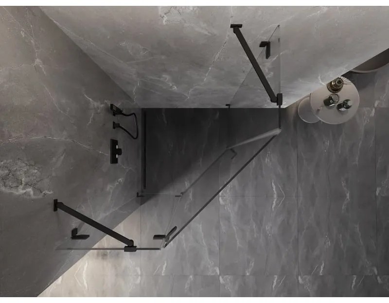 Mexen Lunar, päťuholníkový sprchový kút s ľavým sklonom 80 x 80 cm, 8mm číre sklo, čierny profil, 831-080L-080P-70-00-L