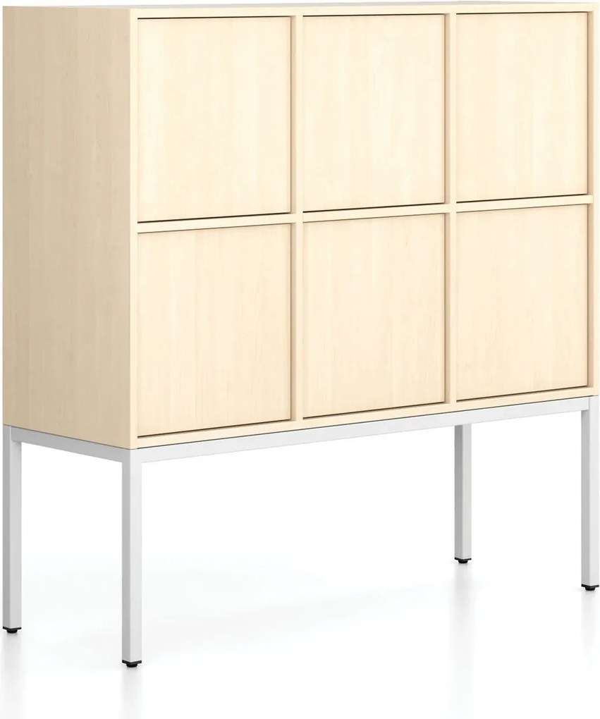 Kancelárska skriňa FRAME, nízka, biela podnož, 6x dvere, 1299 x 450 x 1331 mm, PUSH-lock, breza