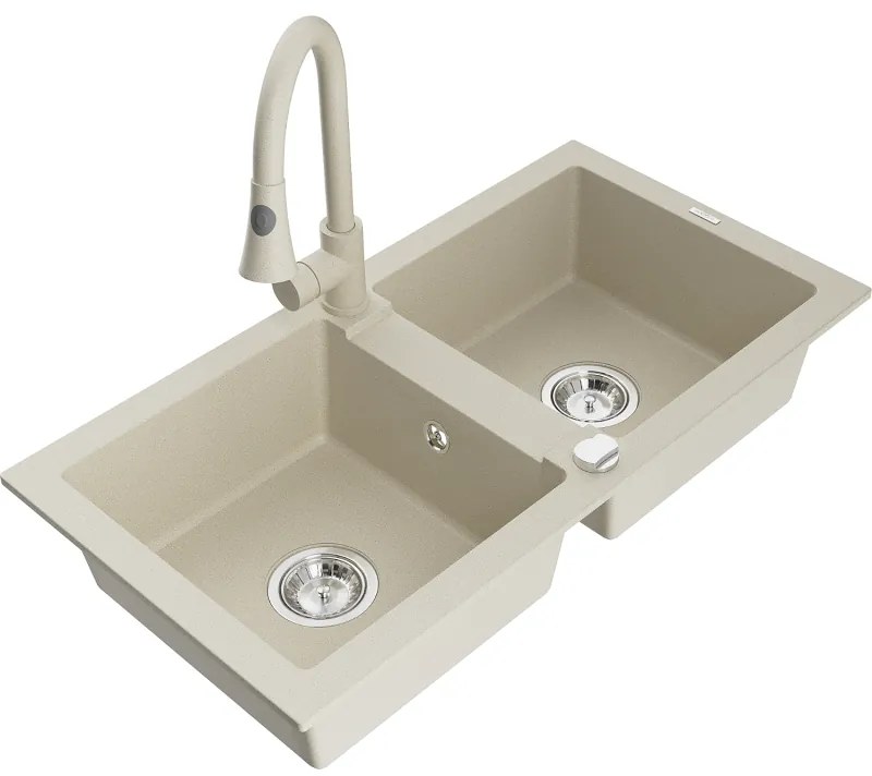Mexen Mario, 2-komorový granitový drez 820x436x161 mm a drezová batéria Elia, béžová, 6504-69-670101-69