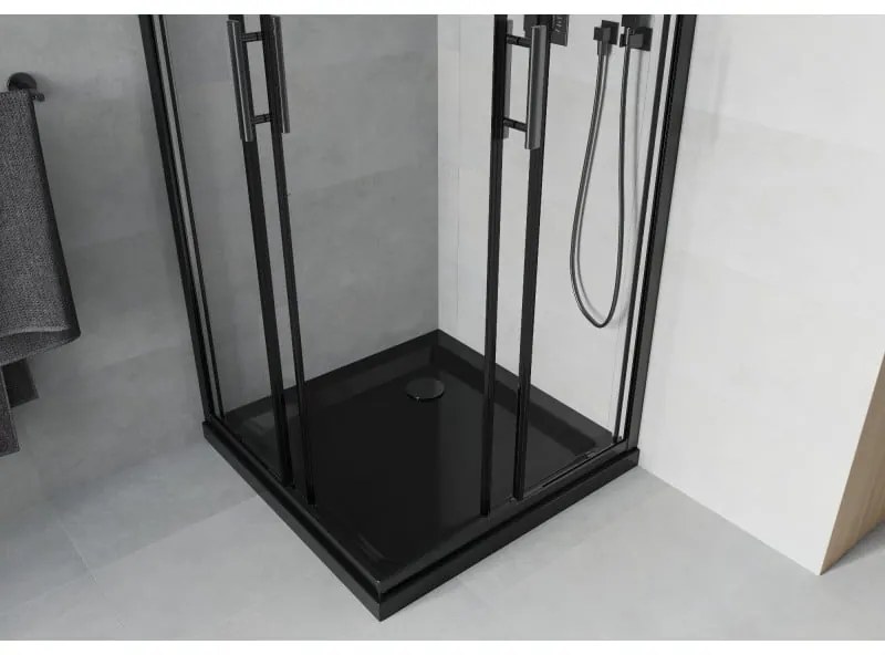 Mexen Rio, štvorcový sprchovací kút s posuvnými dverami 70(dvere) x 70(dvere) x 190 cm, 6mm číre sklo námraza, čierny profil + čierna sprchová vanička SLIM, 860-070-070-70-00-4070B