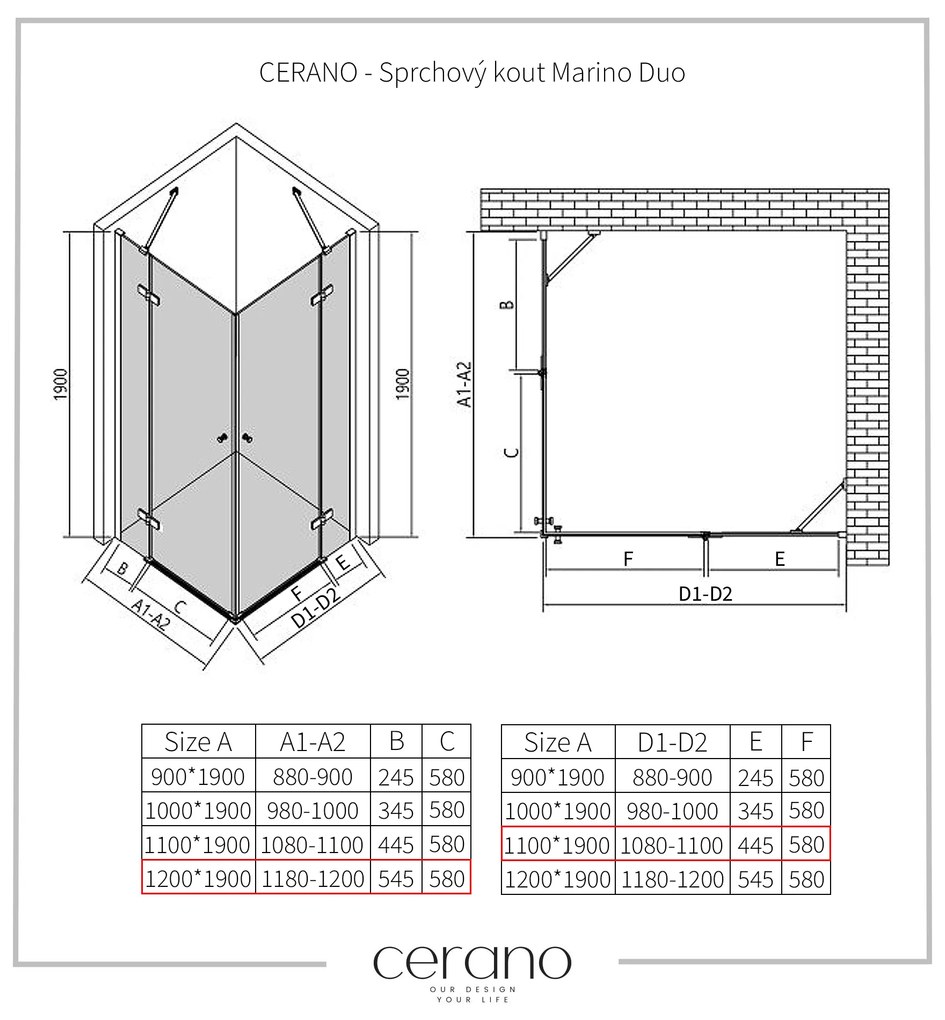 Cerano Marino Duo, sprchovací kút 120(dvere) x 110(dvere), 6mm číre sklo, chrómový profil, CER-CER-480238