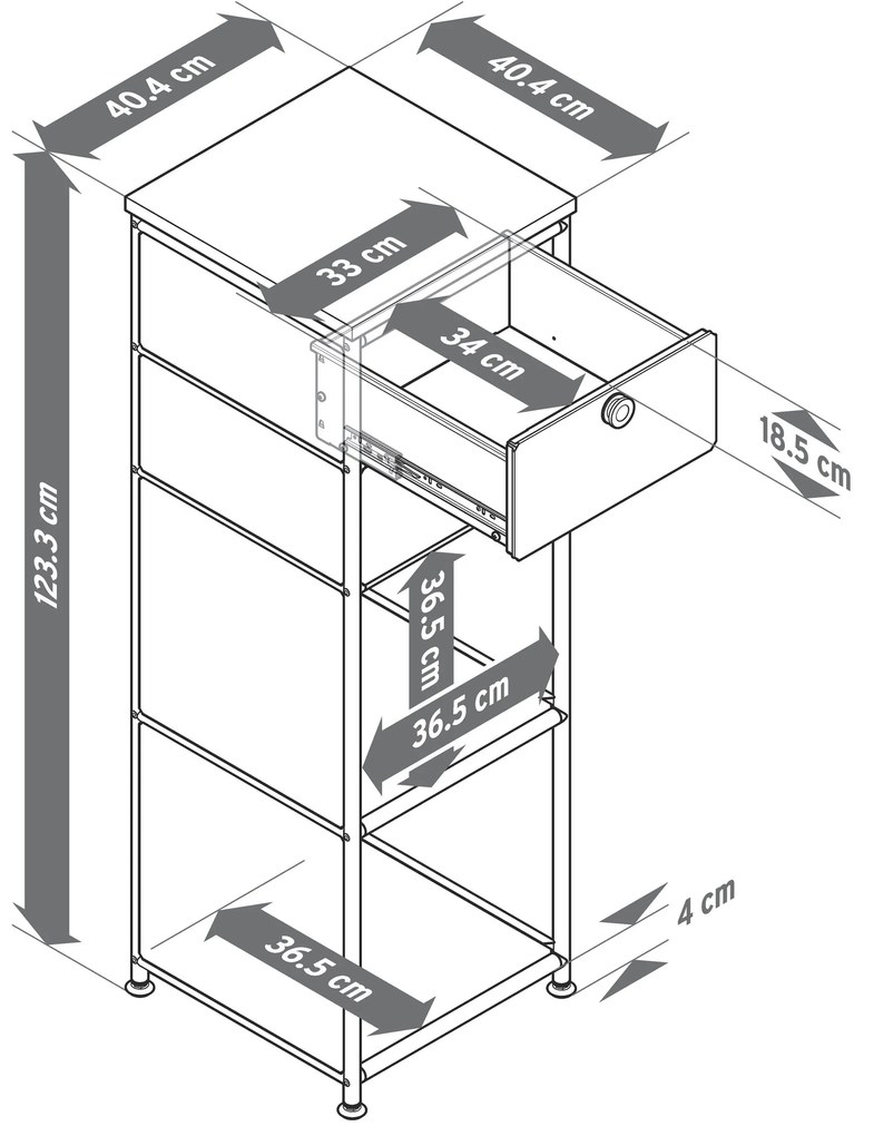 Úzka kovová komoda »CN3« s drevenou doskou a 2 zásuvkami, sivá