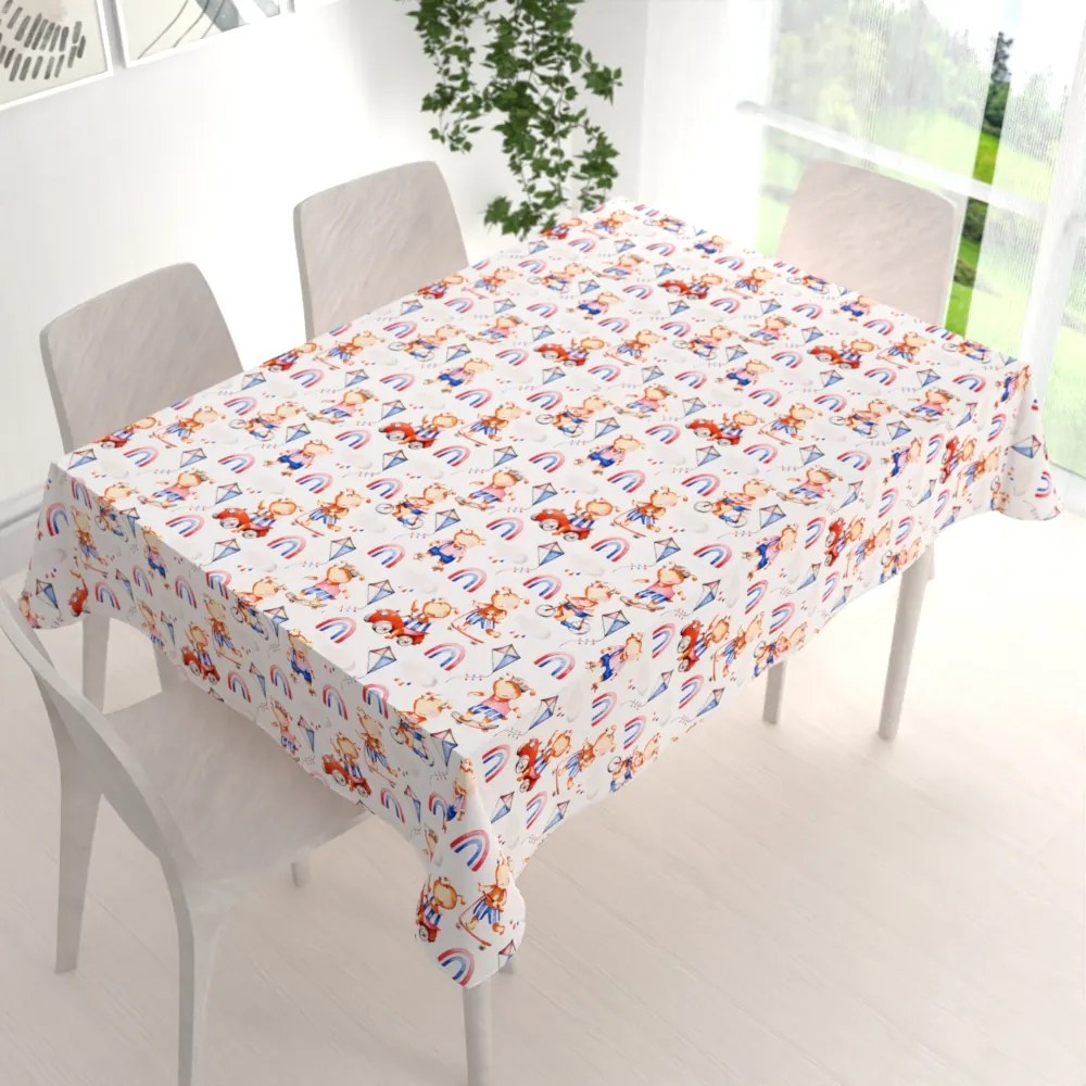 Biante Detský bavlnený obdĺžnikový obrus Sandra SA-521 Modro-červení psíkovia s autami na bielom 140x220 cm