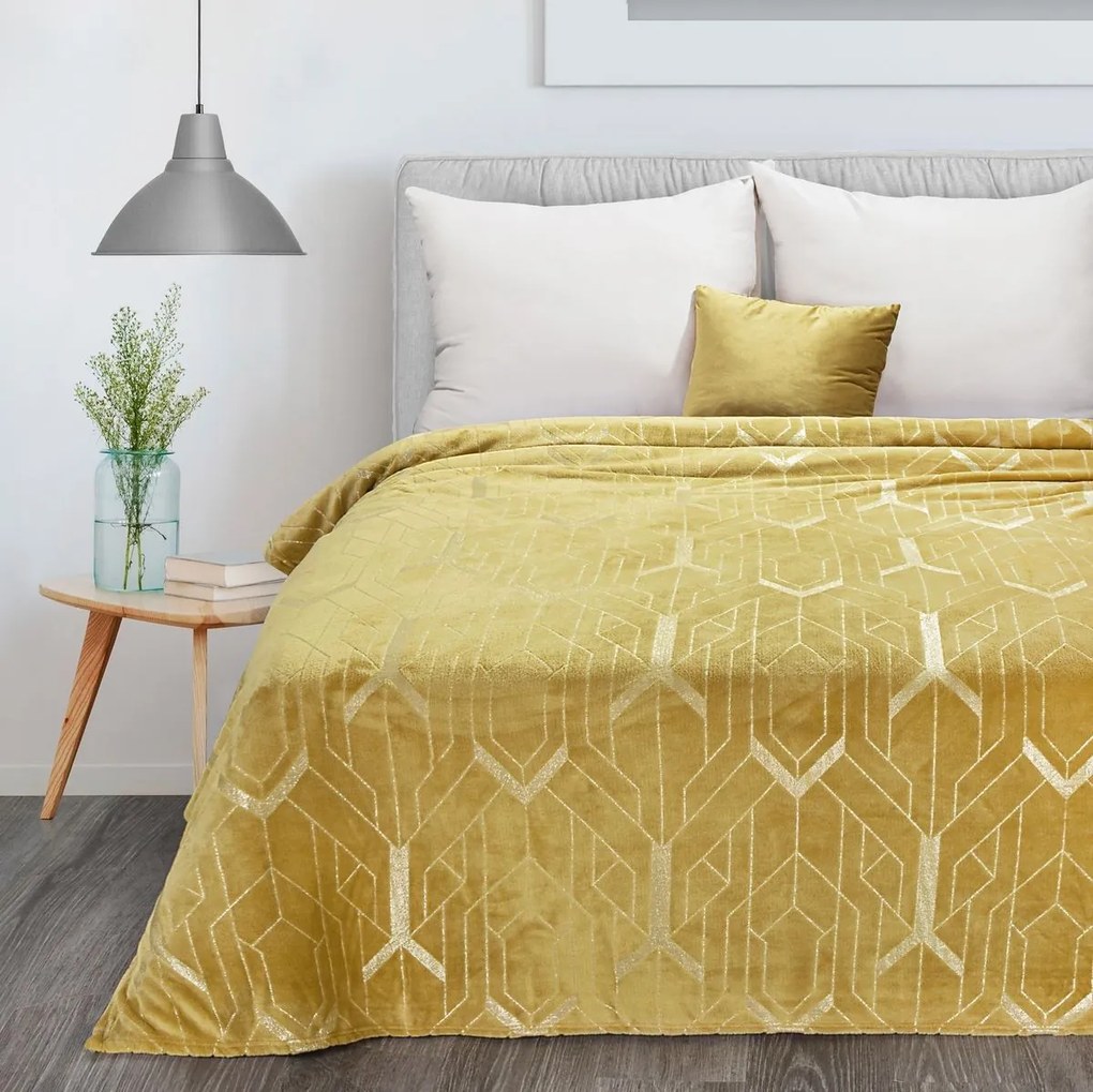 DomTextilu Medovo žltá deka s krásnou striebornou geometrickou potlačou 150 x 200 cm 47652 Žltá