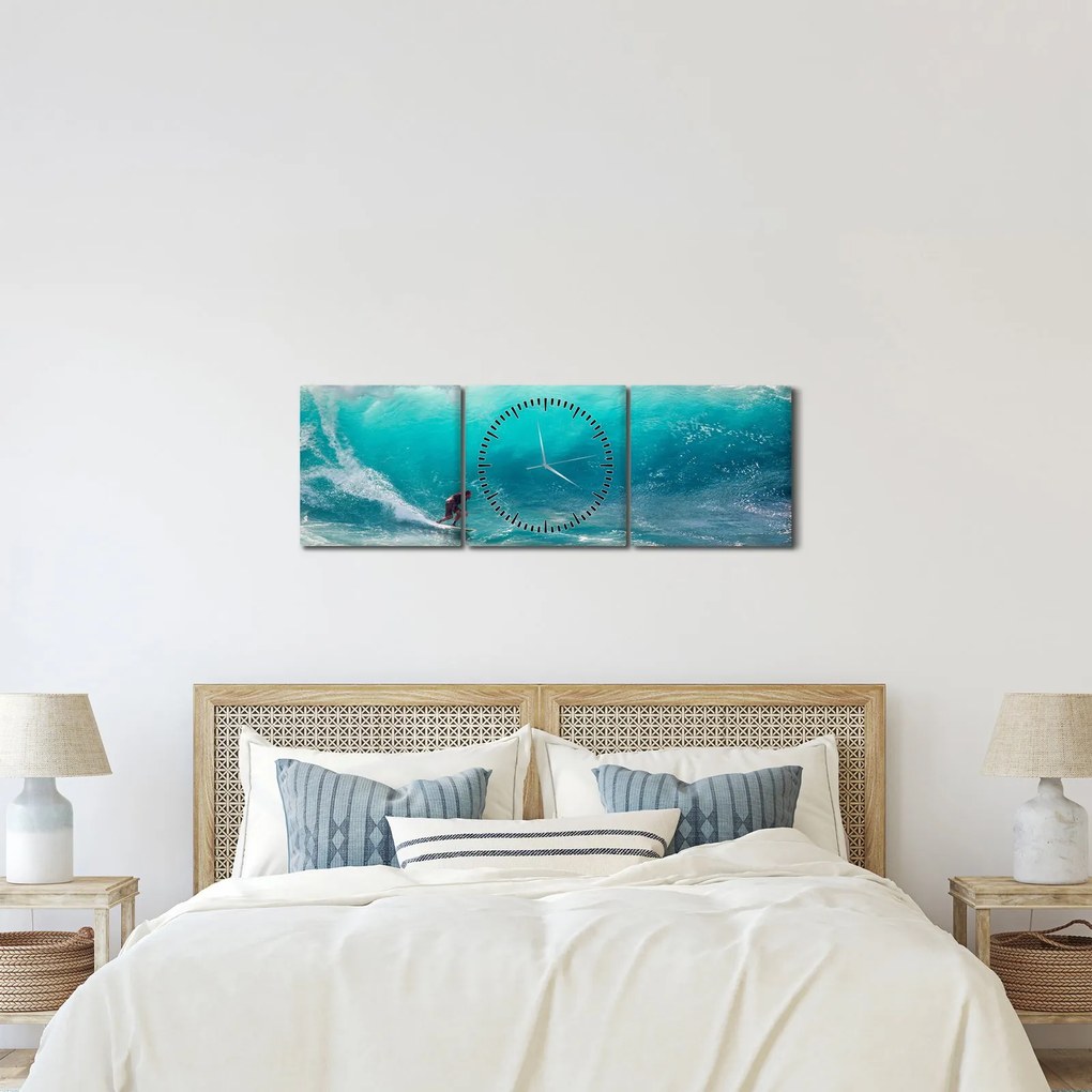 Obraz surferov vo vlnách (s hodinami) (90x30 cm)